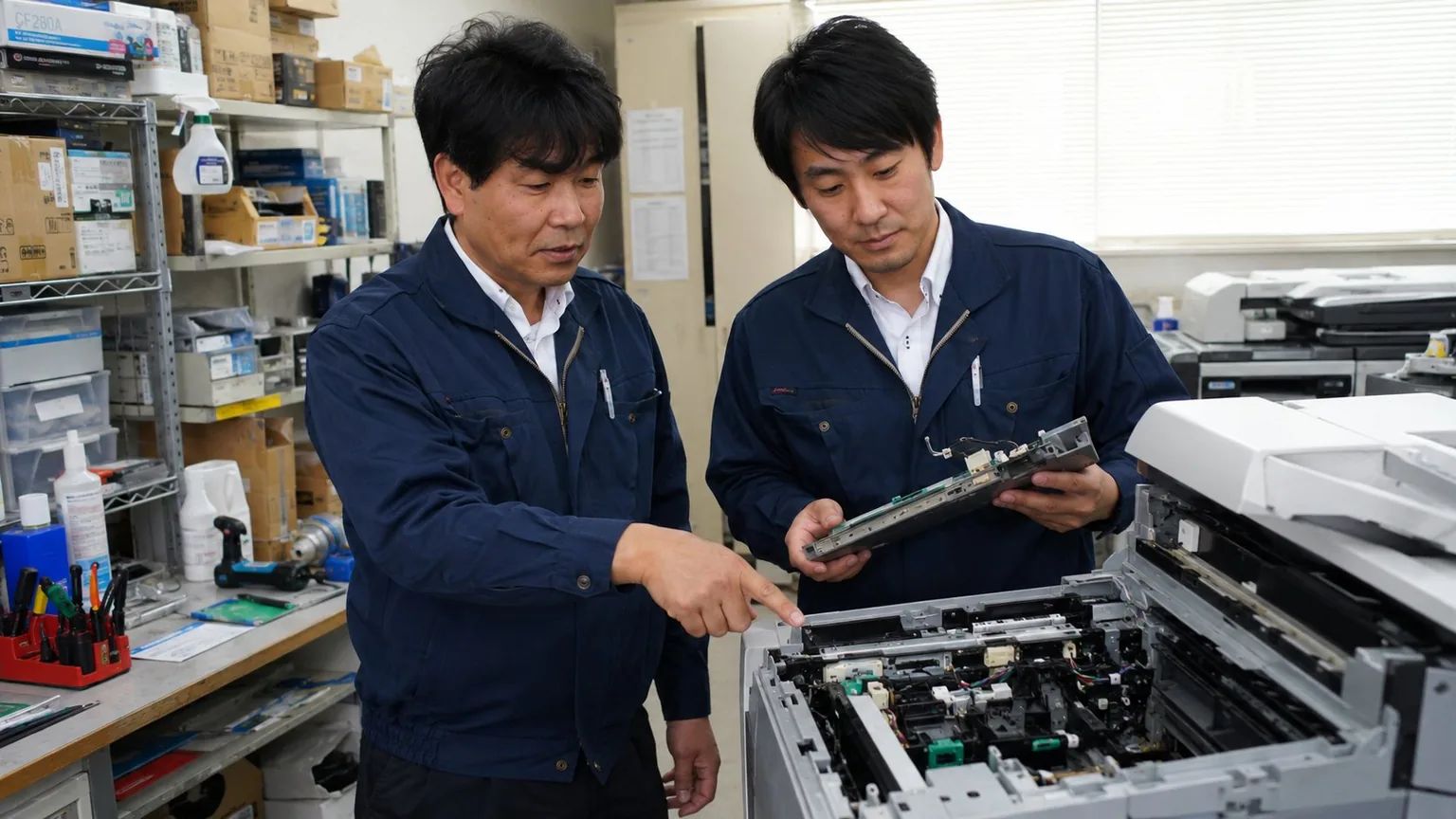自社拠点で複合機を点検・整備するスタッフ