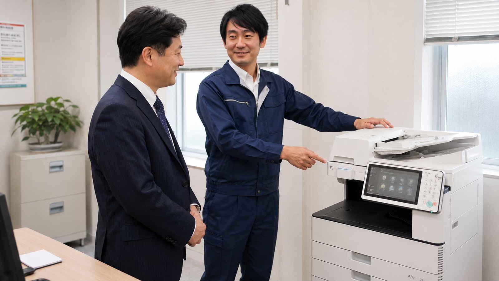 お客様に複合機の使い方を説明するサービスエンジニア